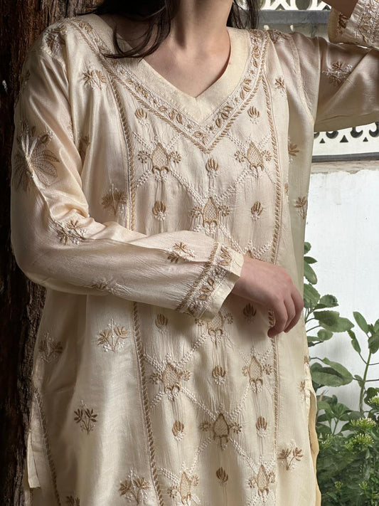 Natural Beige Shade Mulberry Silk Resham Chikankari Kurta