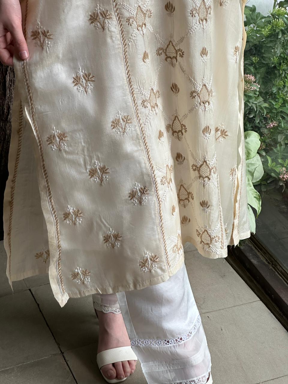 Natural Beige Shade Mulberry Silk Resham Chikankari Kurta