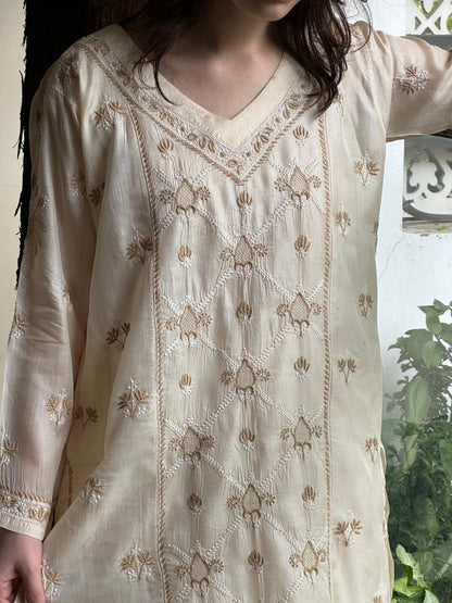Natural Beige Shade Mulberry Silk Resham Chikankari Kurta