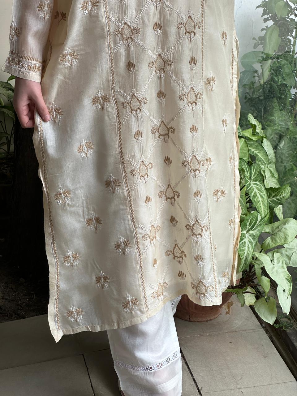 Natural Beige Shade Mulberry Silk Resham Chikankari Kurta