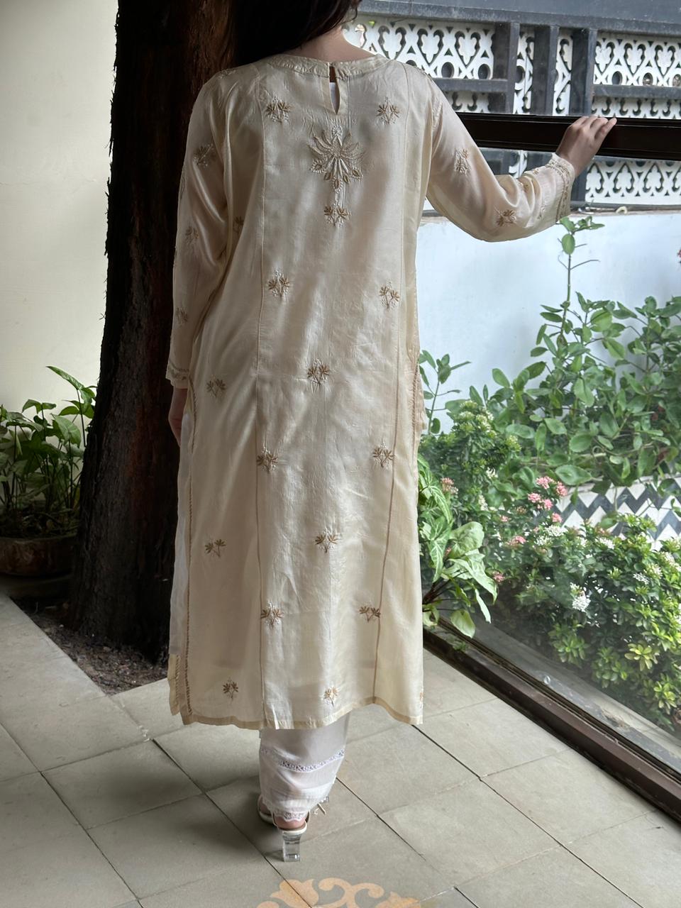 Natural Beige Shade Mulberry Silk Resham Chikankari Kurta
