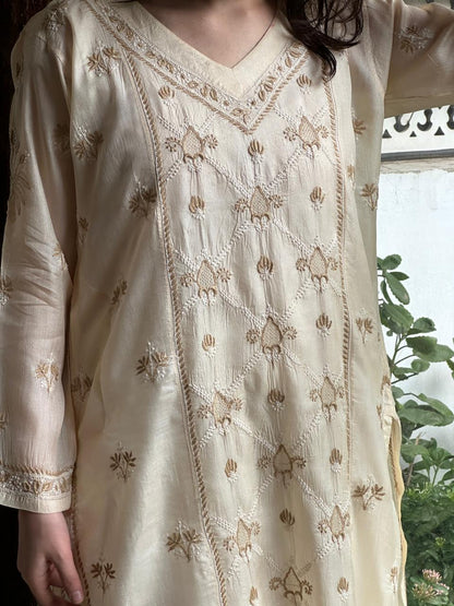 Natural Beige Shade Mulberry Silk Resham Chikankari Kurta