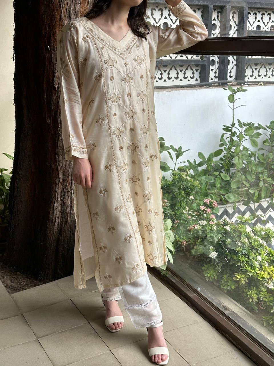 Natural Beige Shade Mulberry Silk Resham Chikankari Kurta