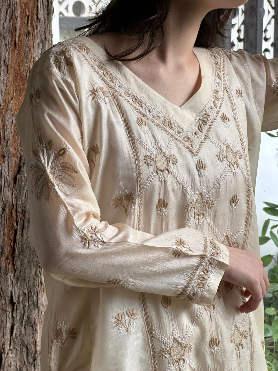 Natural Beige Shade Mulberry Silk Resham Chikankari Kurta