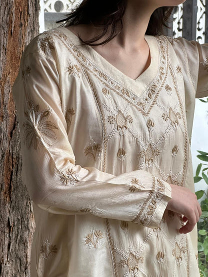 Natural Beige Shade Mulberry Silk Resham Chikankari Kurta