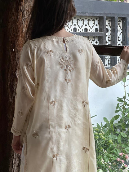 Natural Beige Shade Mulberry Silk Resham Chikankari Kurta