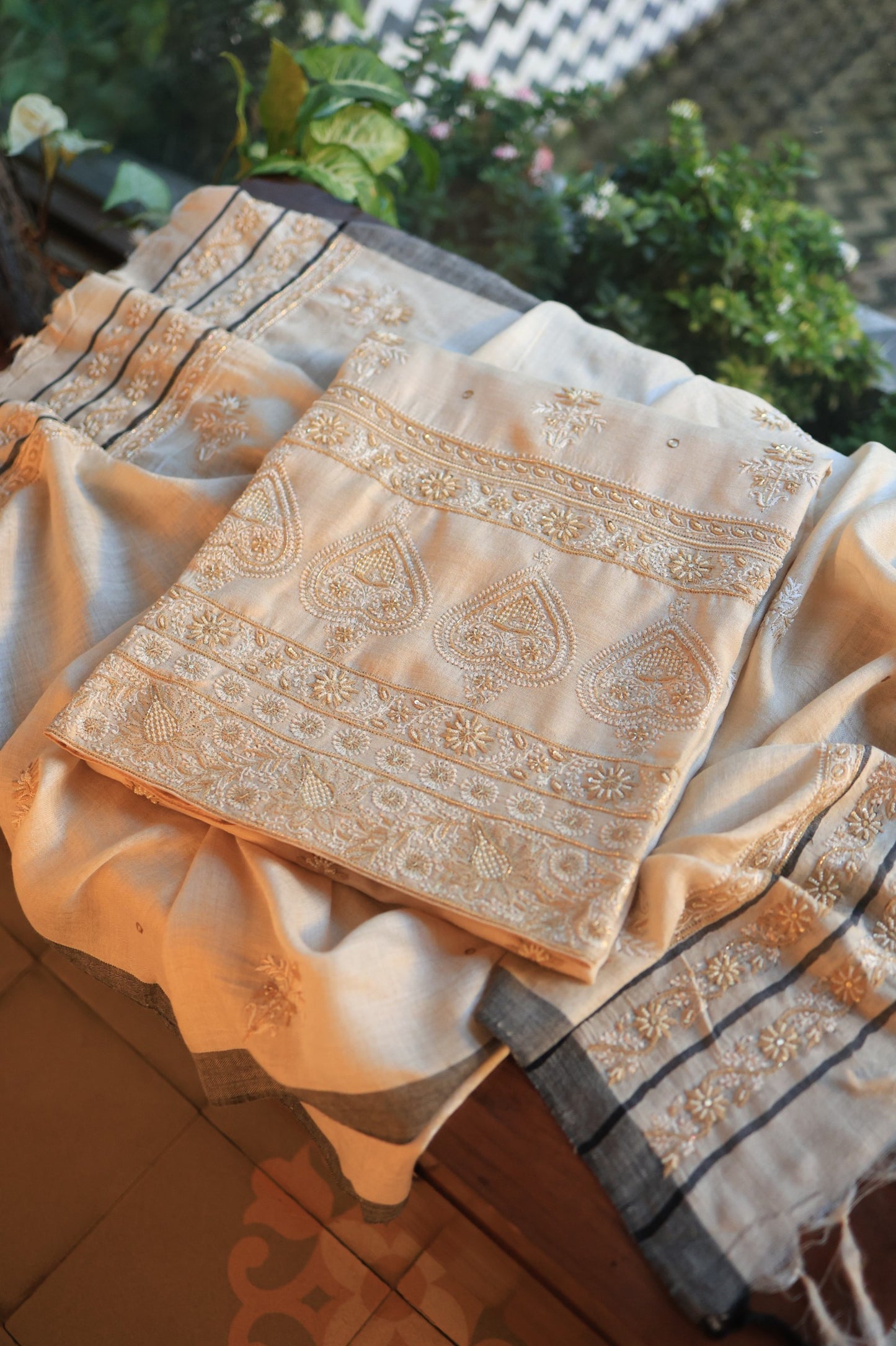 Natural Beige Pashmina x Chikankari Fabric