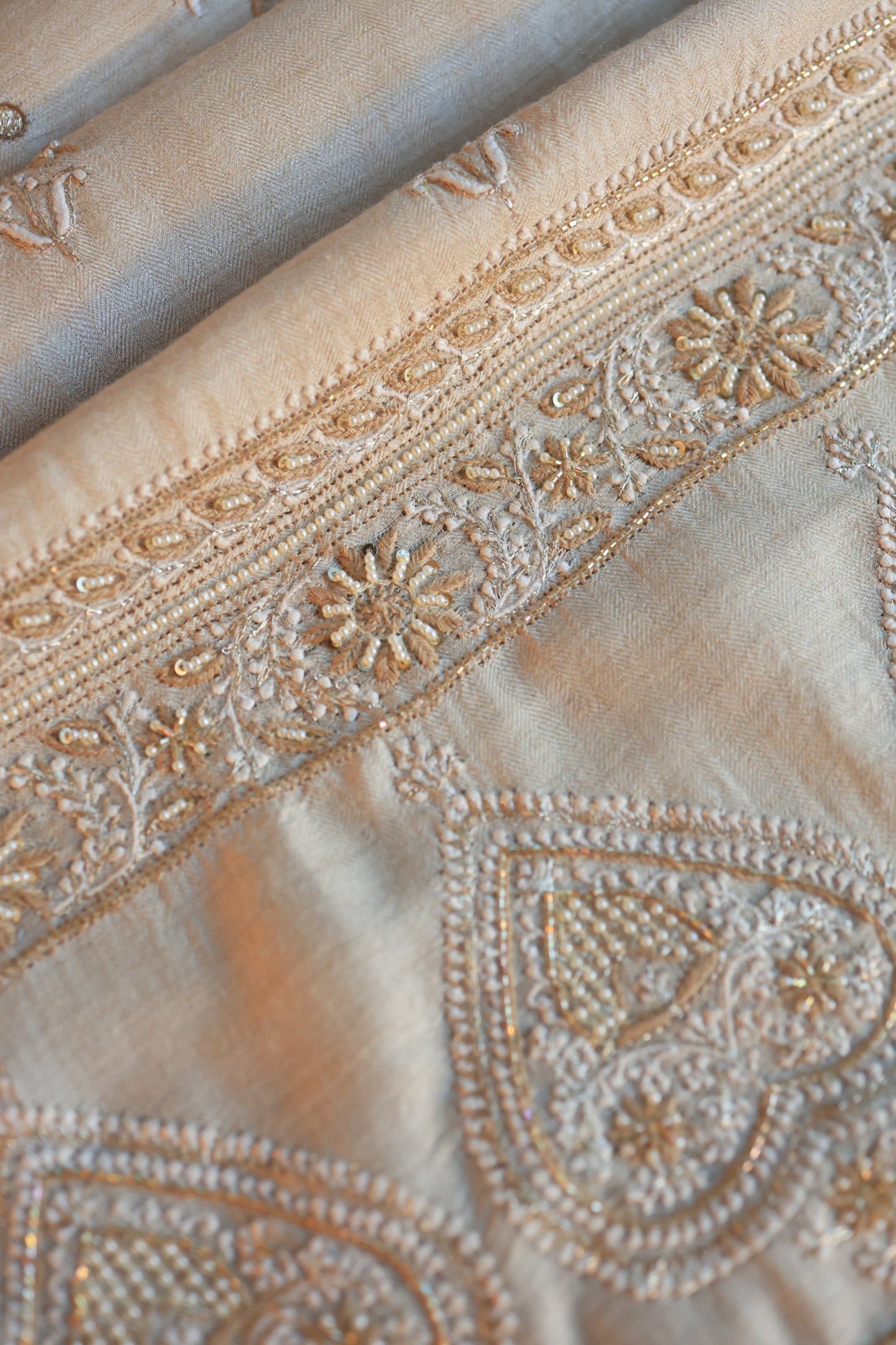 Natural Beige Pashmina x Chikankari Fabric