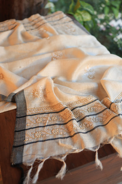 Natural Beige Pashmina x Chikankari Fabric