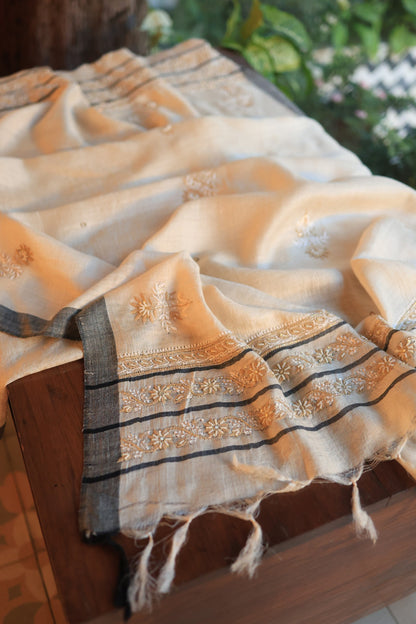 Natural Beige Pashmina x Chikankari Fabric