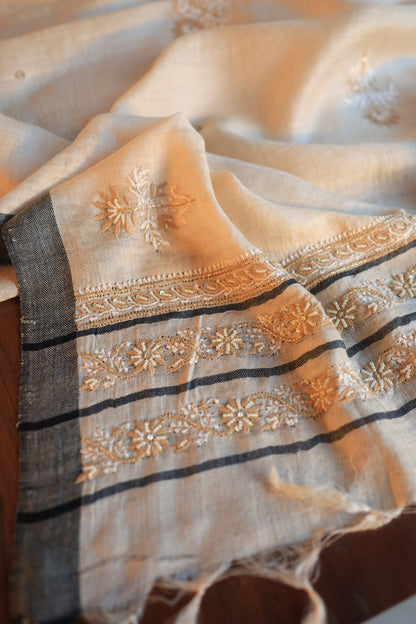 Natural Beige Pashmina x Chikankari Fabric