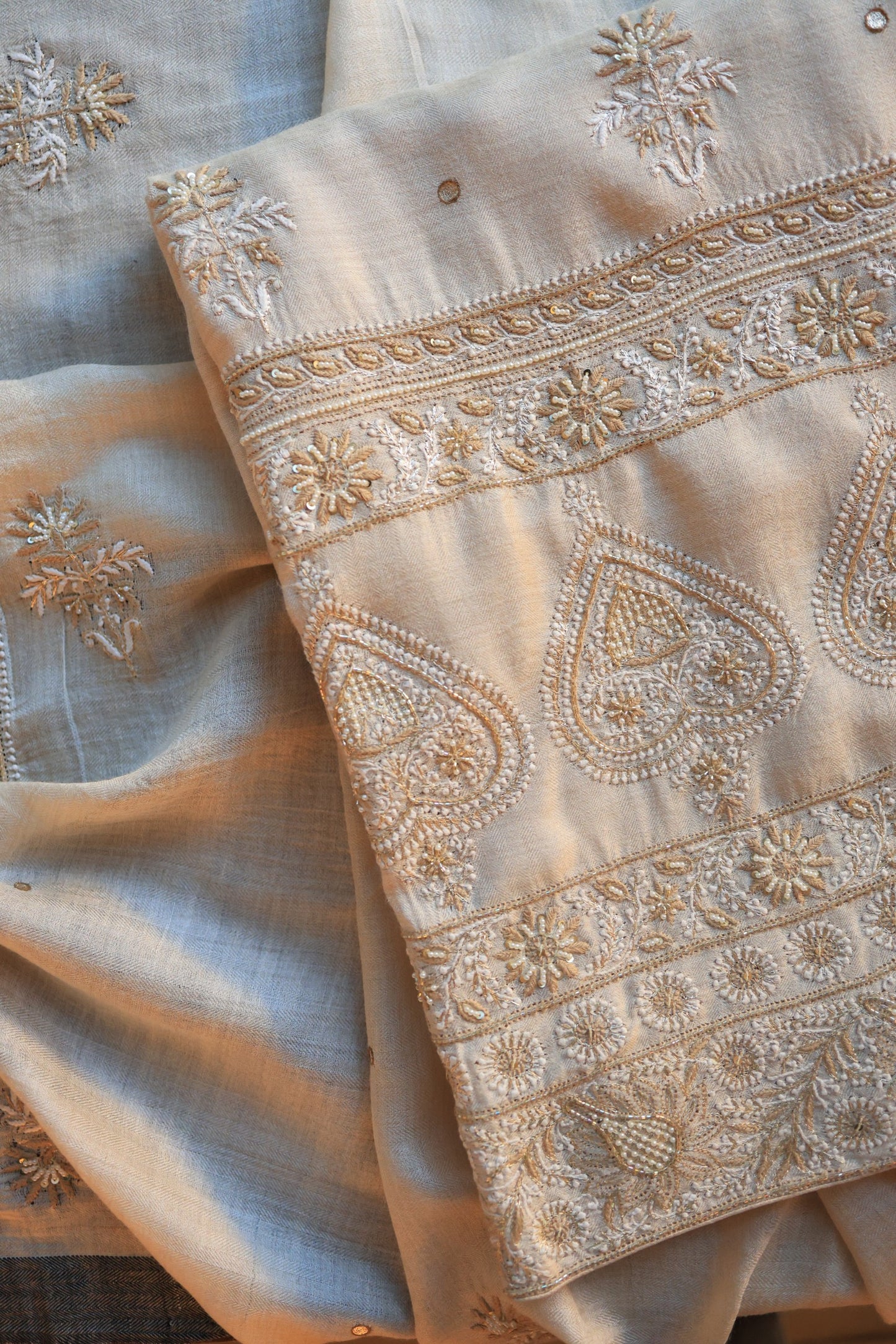 Natural Beige Pashmina x Chikankari Fabric