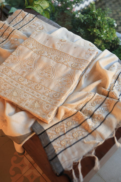Natural Beige Pashmina x Chikankari Fabric
