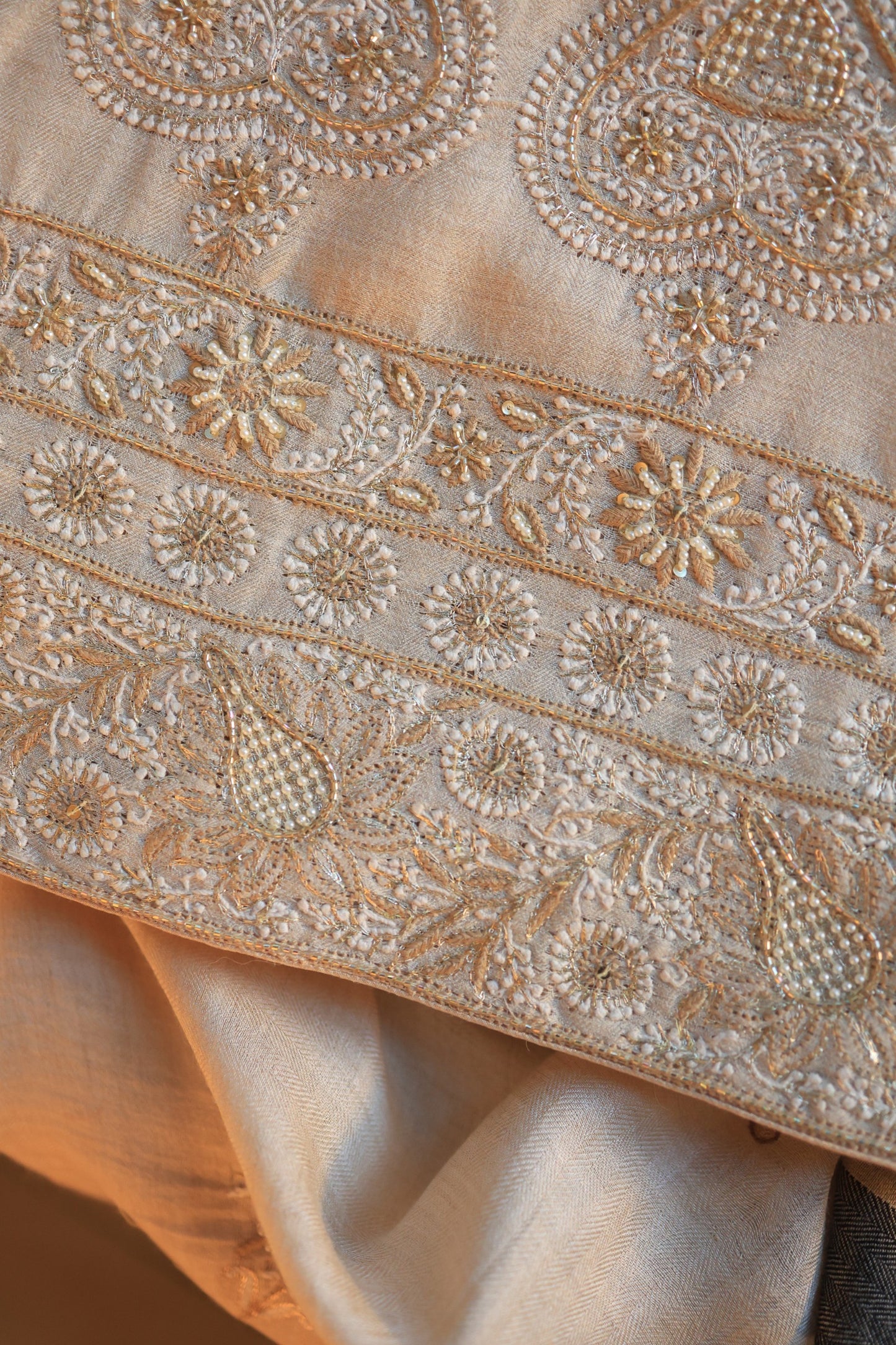 Natural Beige Pashmina x Chikankari Fabric