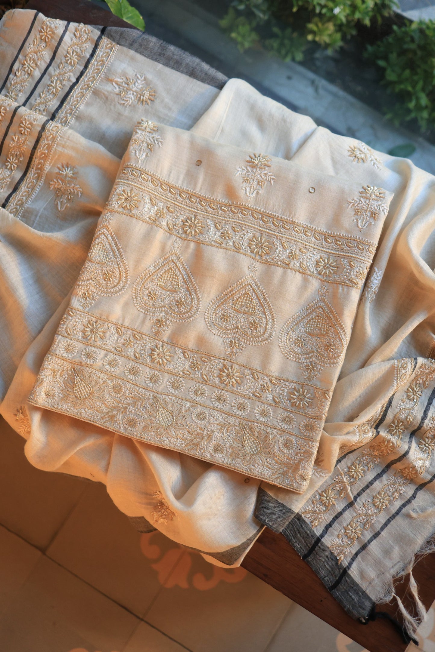 Natural Beige Pashmina x Chikankari Fabric