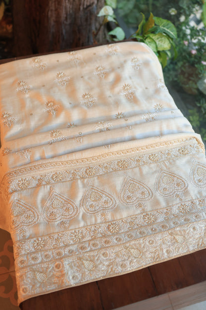 Natural Beige Pashmina x Chikankari Fabric