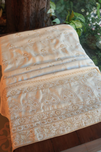 Natural Beige Pashmina x Chikankari Fabric