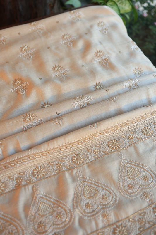 Natural Beige Pashmina x Chikankari Fabric