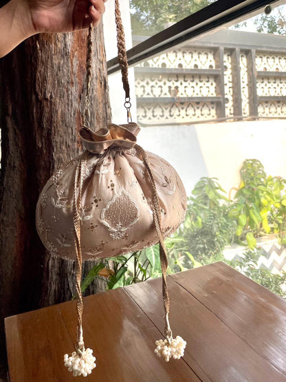 Natural Beige Raw Silk Chikankari Polti Bag