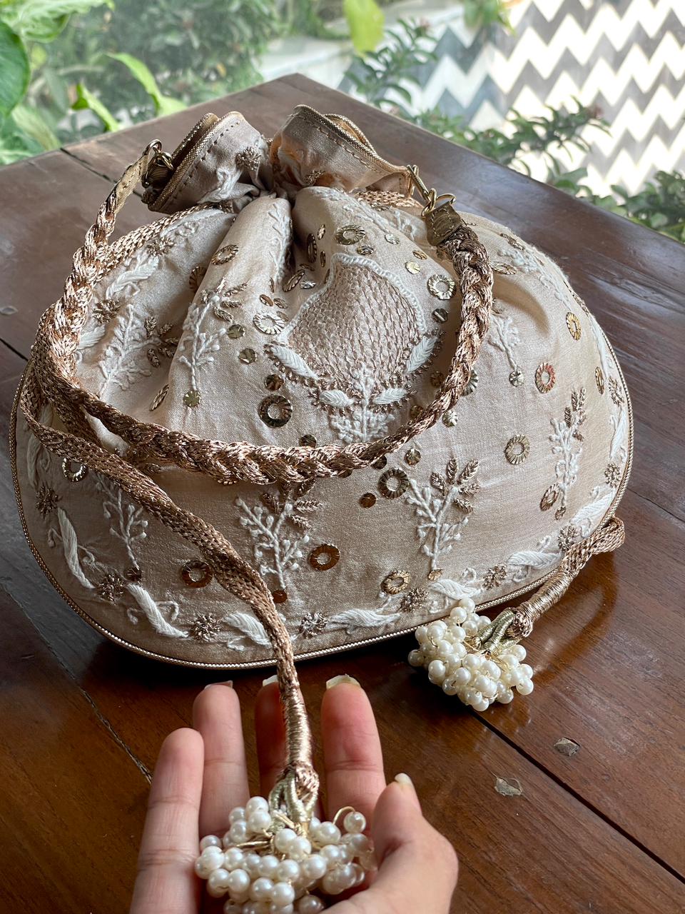 Natural Beige Raw Silk Chikankari Polti Bag