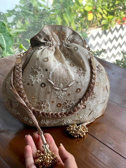 Natural Beige Raw Silk Chikankari Polti Bag