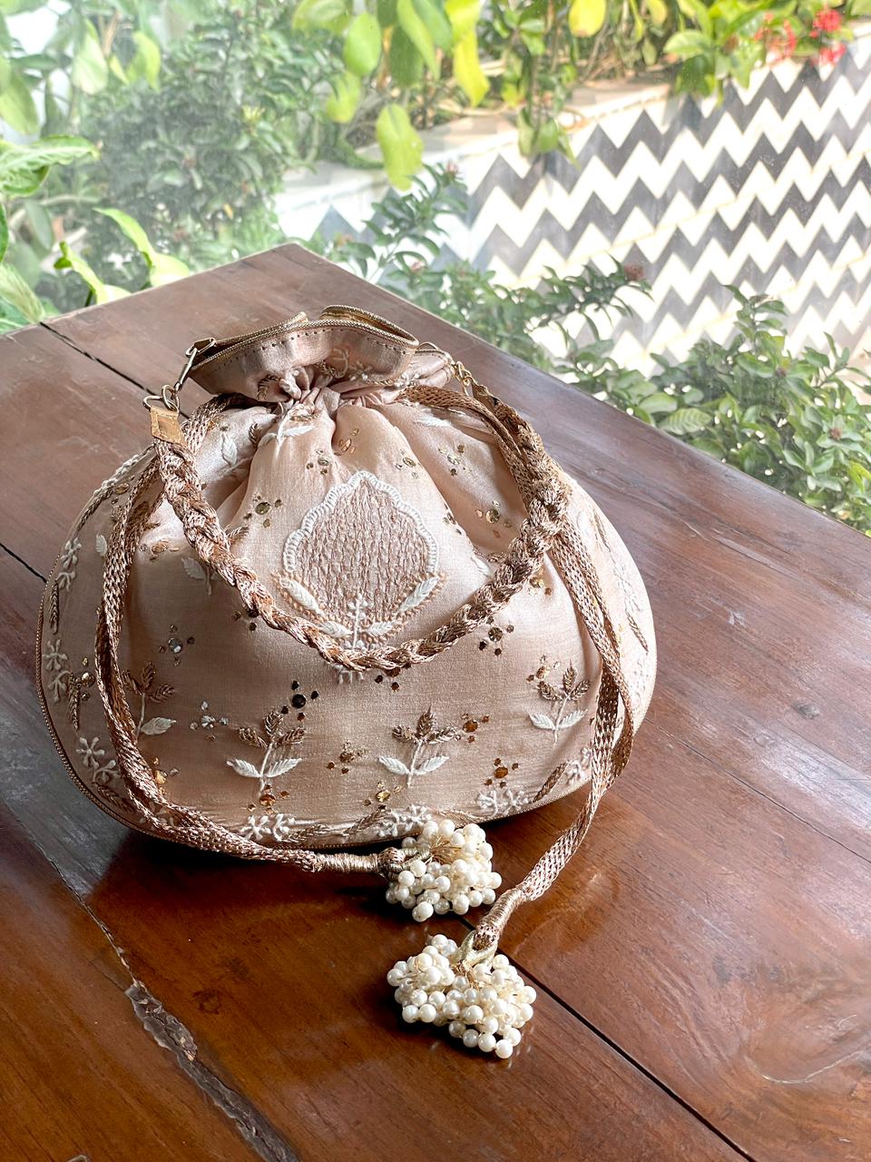 Natural Beige Raw Silk Chikankari Polti Bag