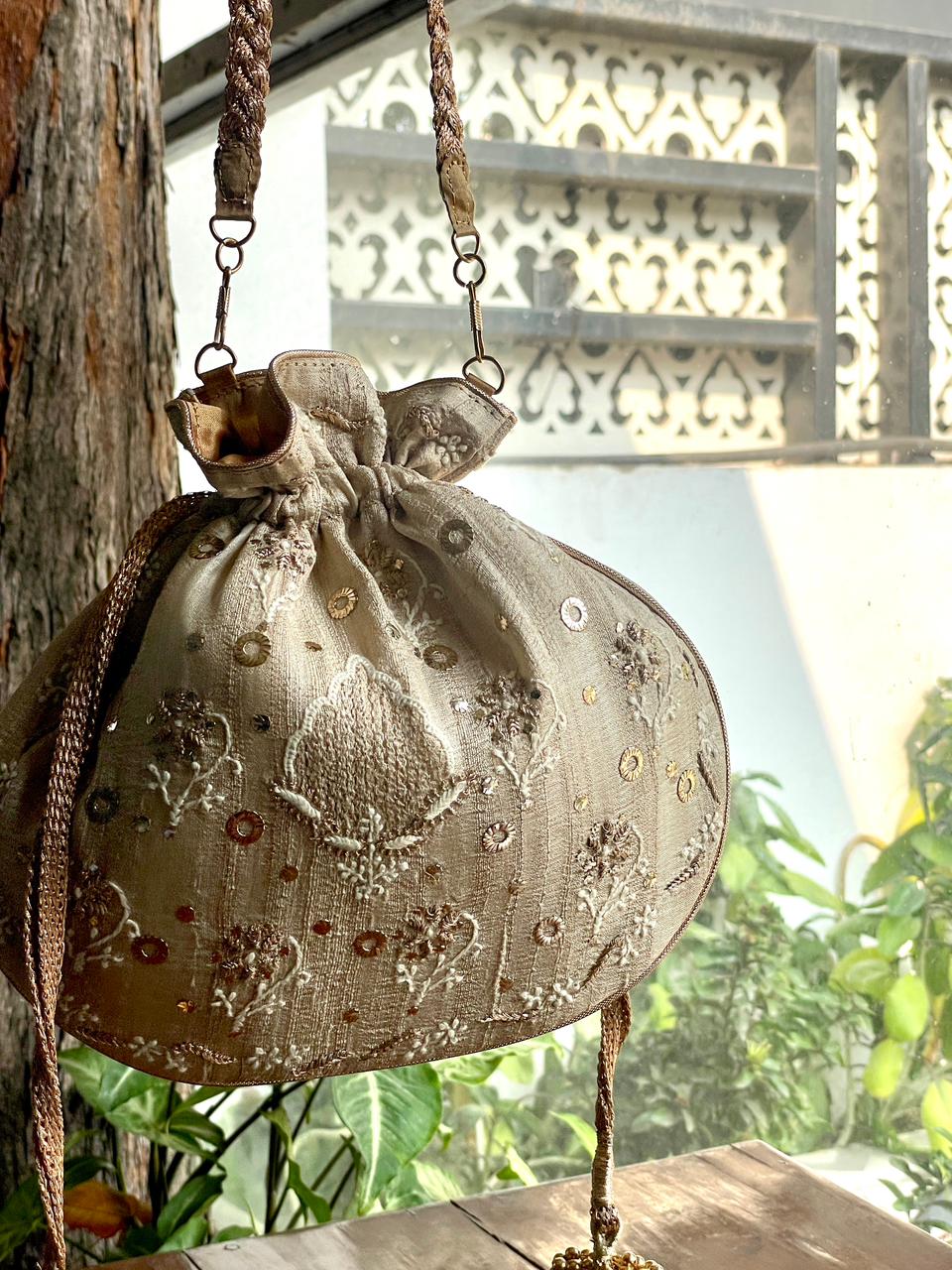Natural Beige Raw Silk Chikankari Polti Bag