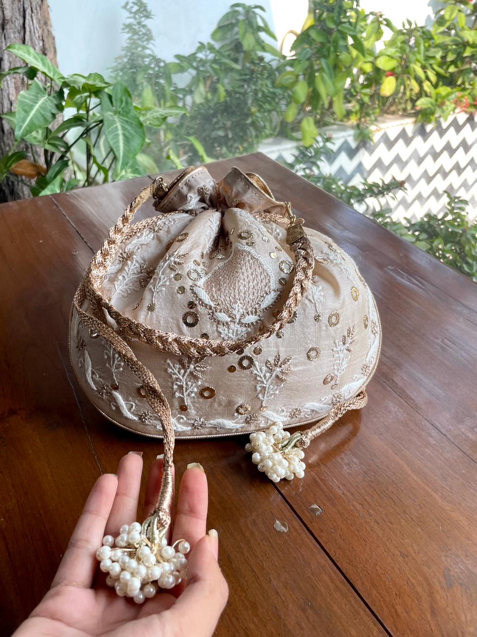 Natural Beige Raw Silk Chikankari Polti Bag