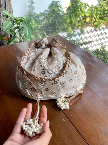 Natural Beige Raw Silk Chikankari Polti Bag