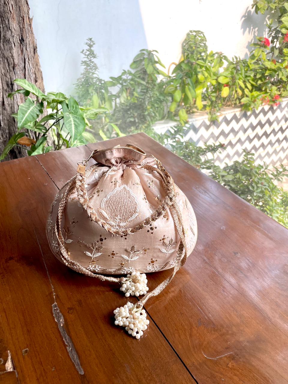 Natural Beige Raw Silk Chikankari Polti Bag