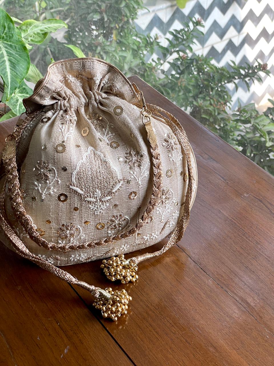 Natural Beige Raw Silk Chikankari Polti Bag