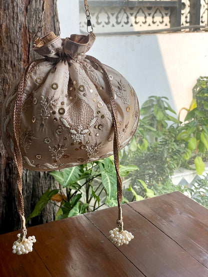 Natural Beige Raw Silk Chikankari Polti Bag