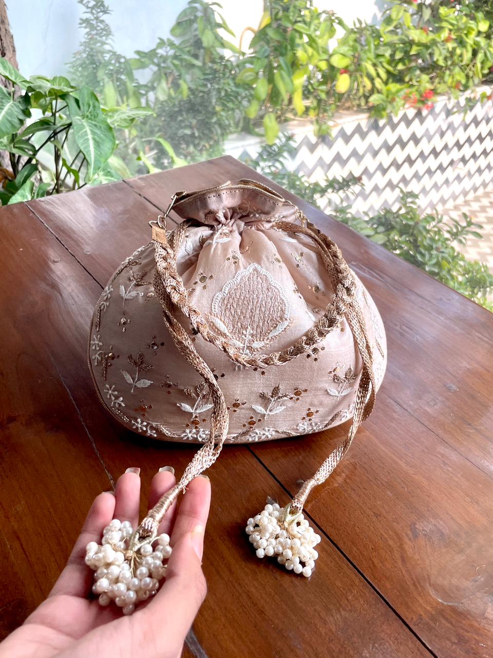 Natural Beige Raw Silk Chikankari Polti Bag