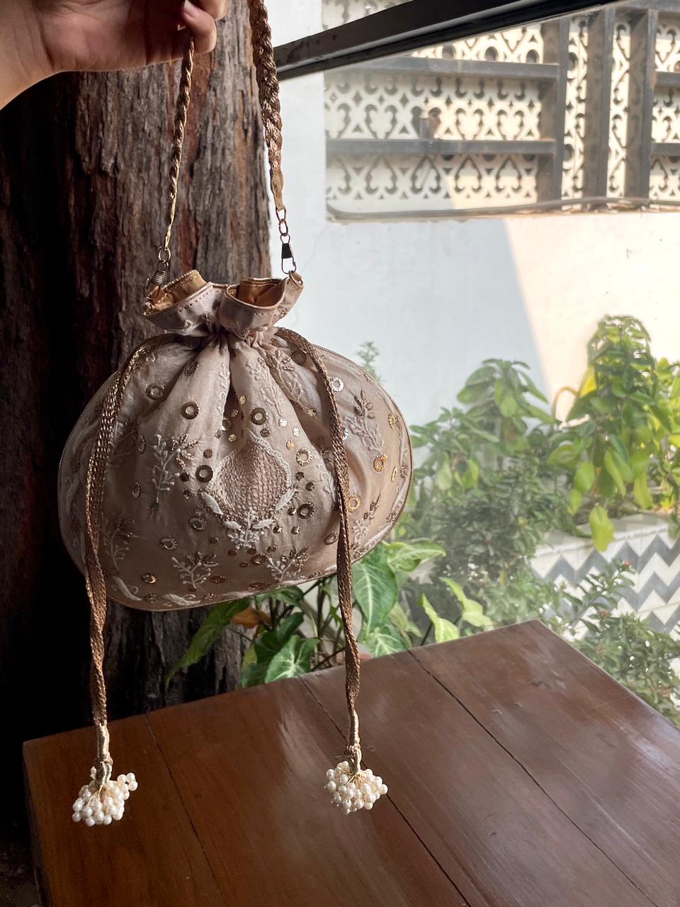 Natural Beige Raw Silk Chikankari Polti Bag