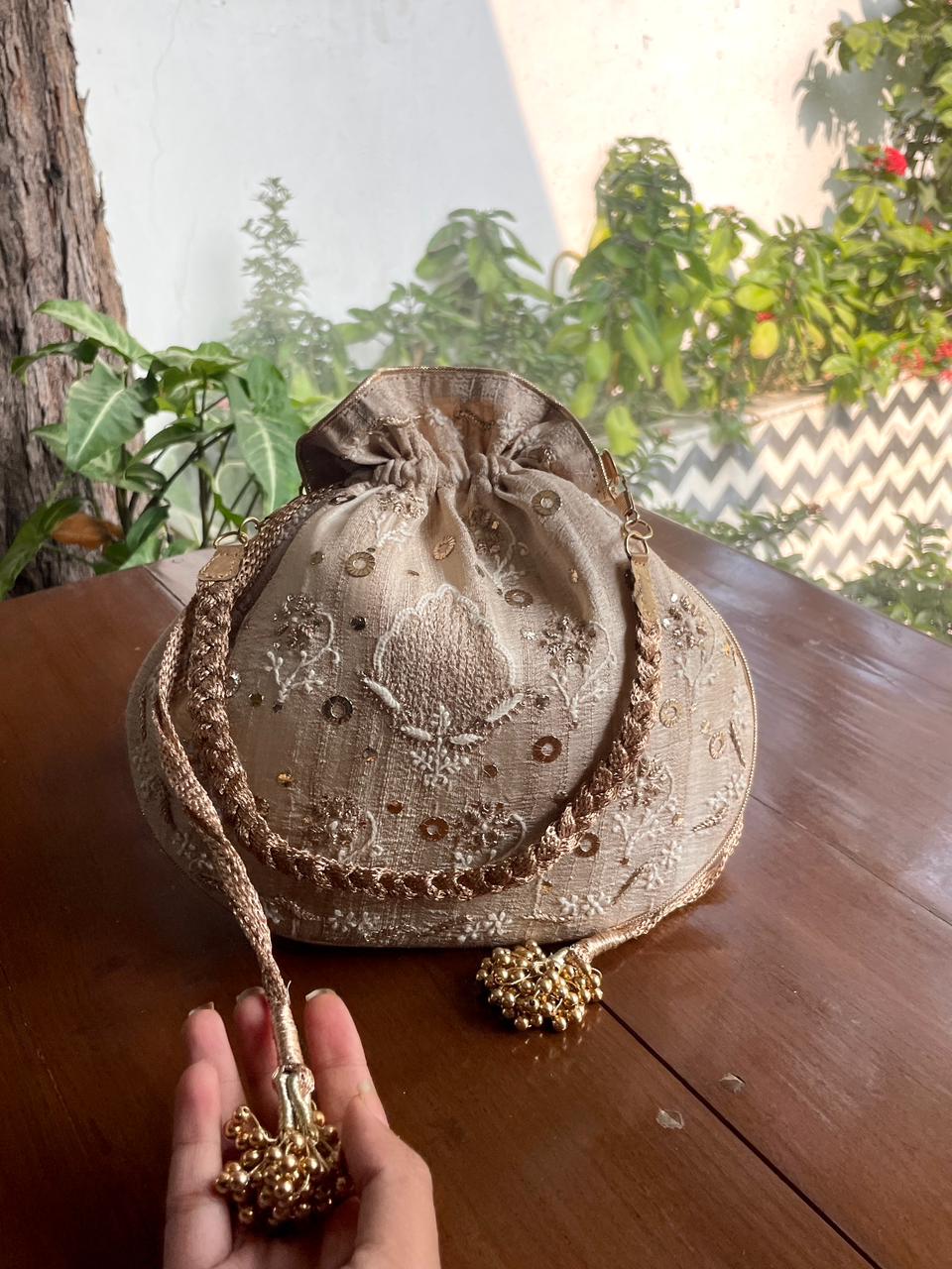 Natural Beige Raw Silk Chikankari Polti Bag