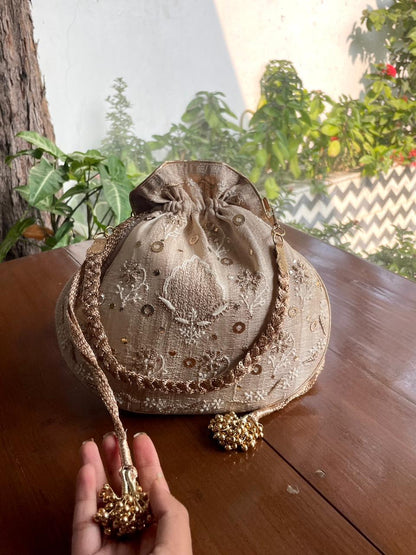 Natural Beige Raw Silk Chikankari Polti Bag