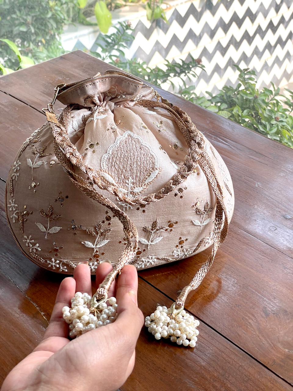 Natural Beige Raw Silk Chikankari Polti Bag