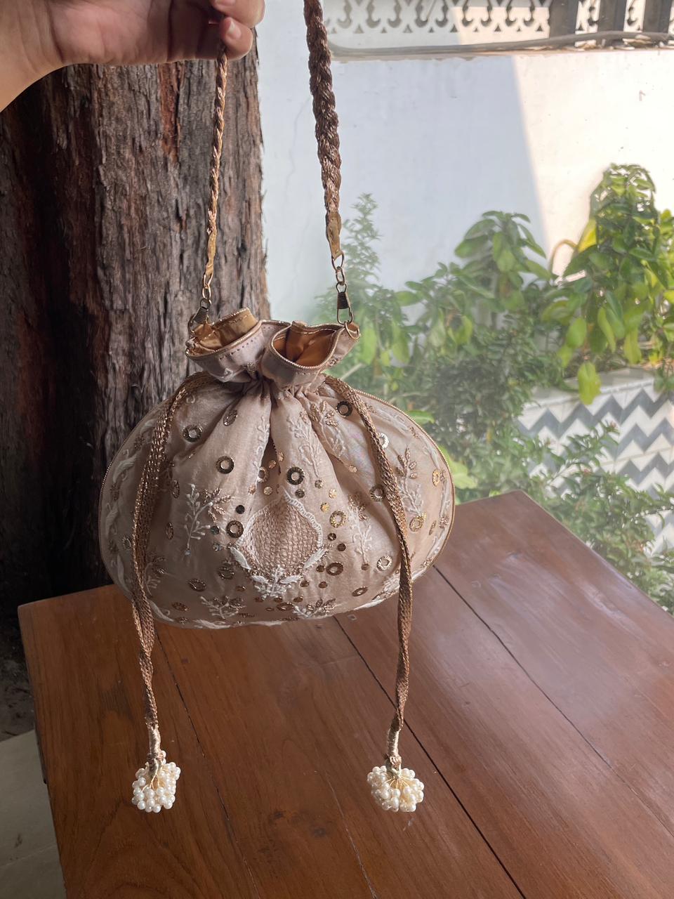 Natural Beige Raw Silk Chikankari Polti Bag