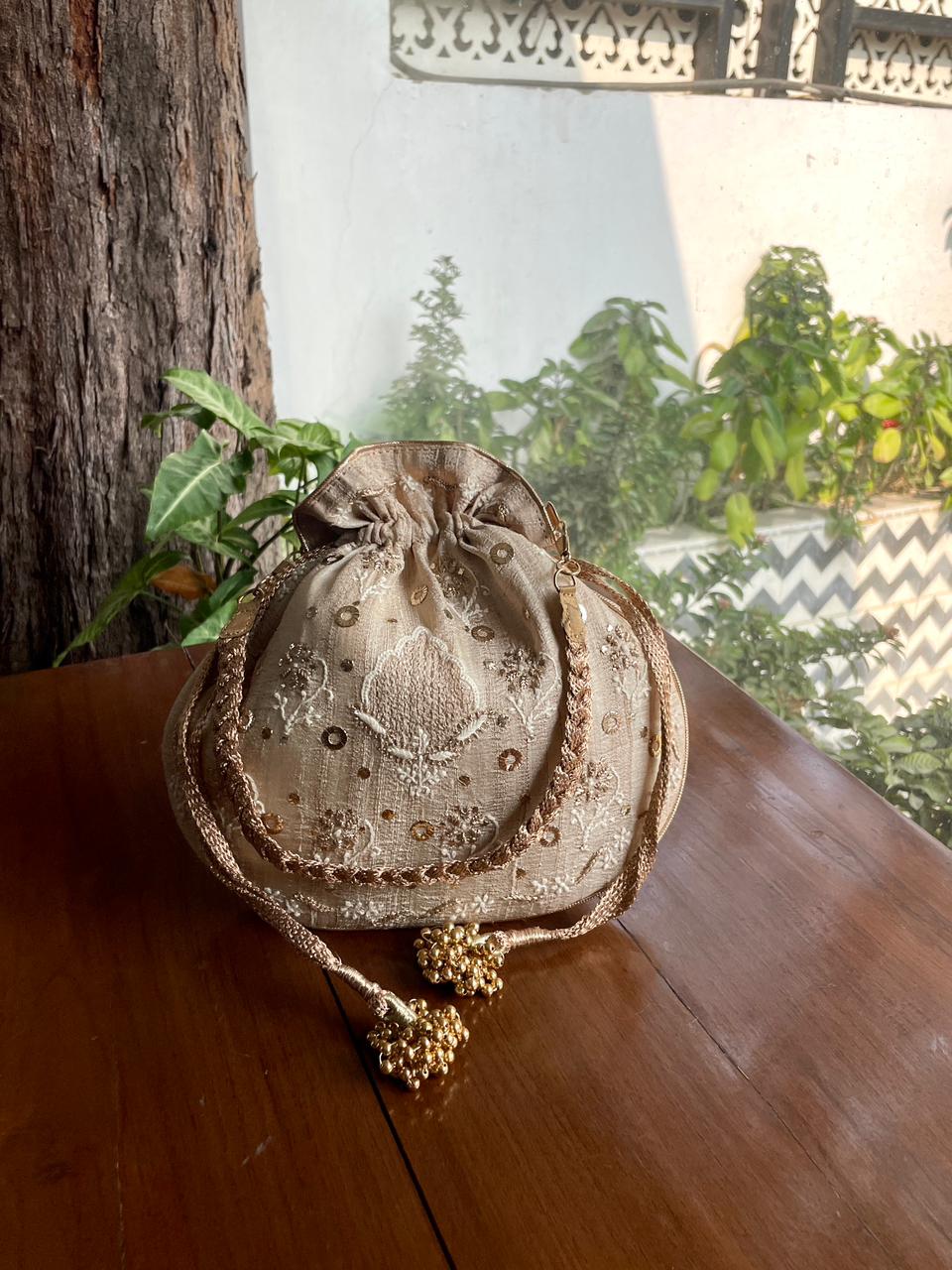 Natural Beige Raw Silk Chikankari Polti Bag