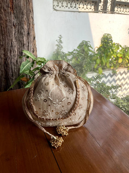Natural Beige Raw Silk Chikankari Polti Bag