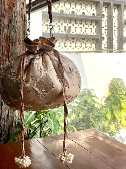 Natural Beige Raw Silk Chikankari Polti Bag