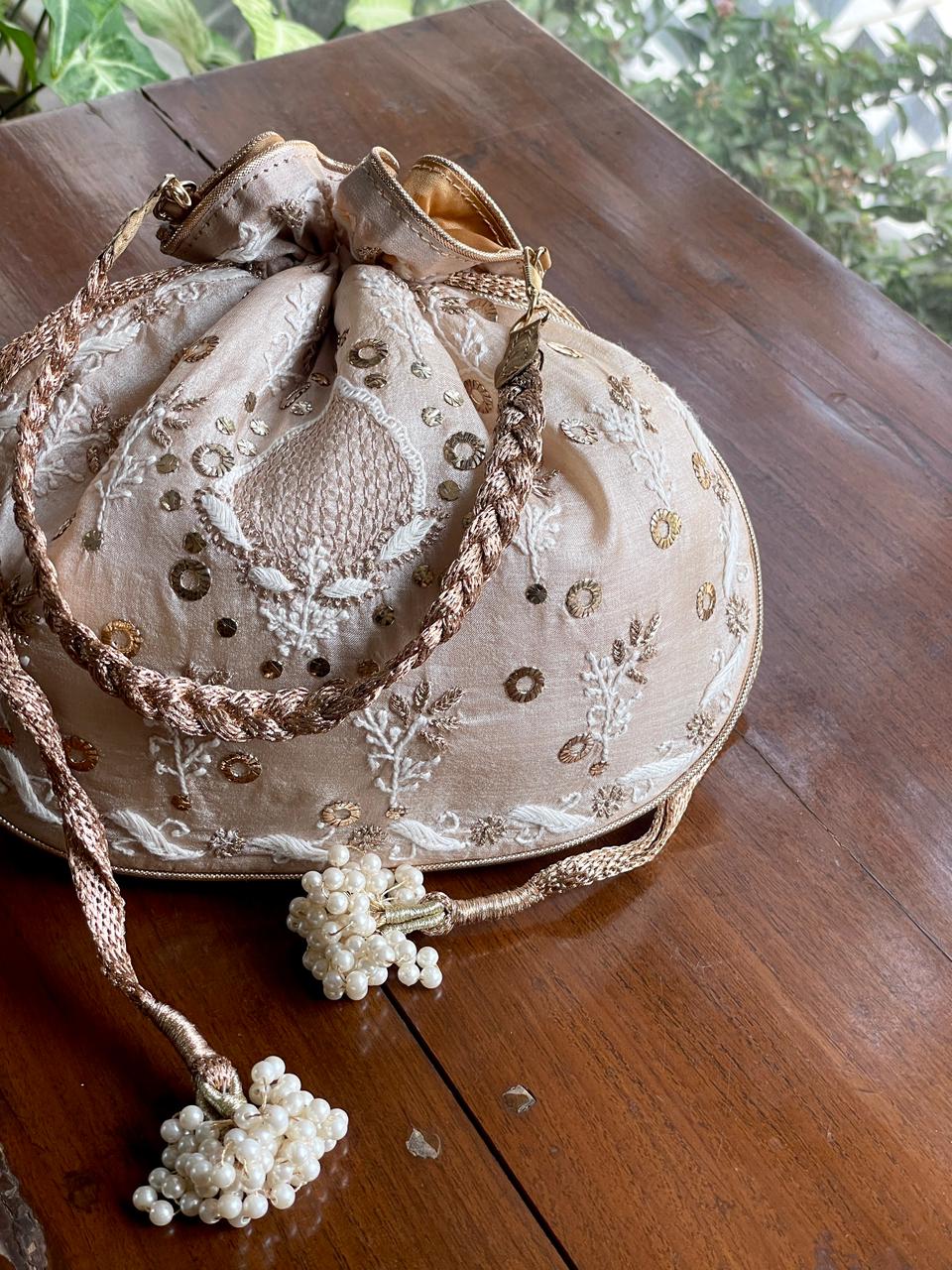Natural Beige Raw Silk Chikankari Polti Bag