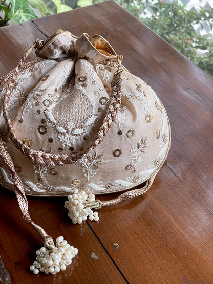 Natural Beige Raw Silk Chikankari Polti Bag