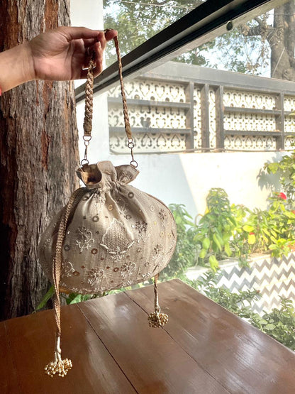 Natural Beige Raw Silk Chikankari Polti Bag