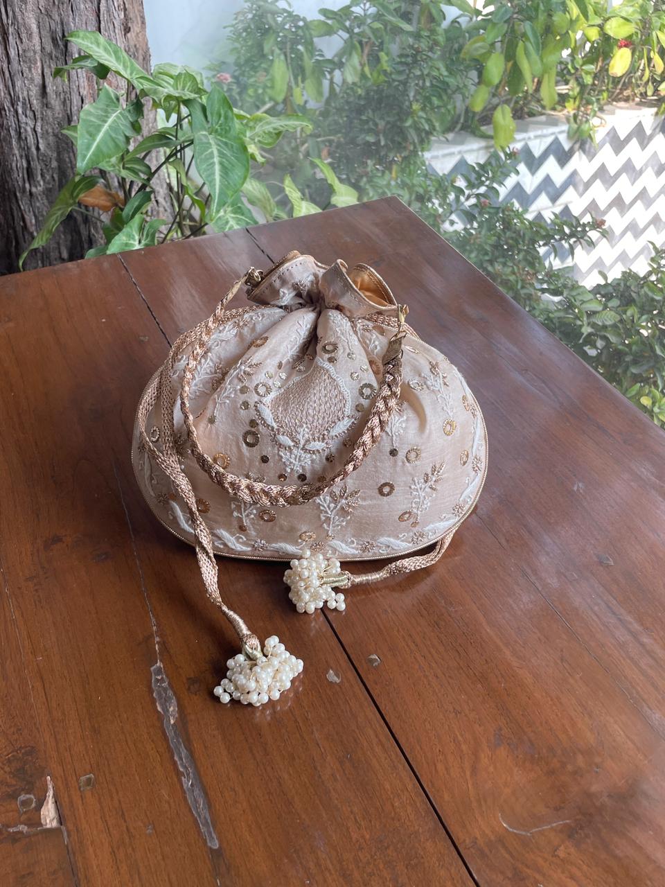 Natural Beige Raw Silk Chikankari Polti Bag