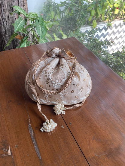 Natural Beige Raw Silk Chikankari Polti Bag