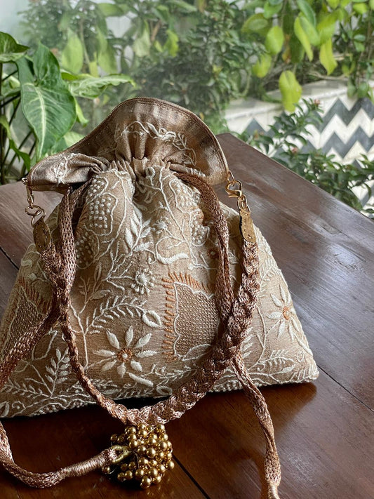 Natural Beige Raw Silk Chikankari Polti Bags
