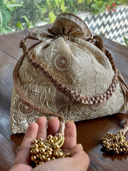 Natural Beige Raw Silk Chikankari Polti Bags