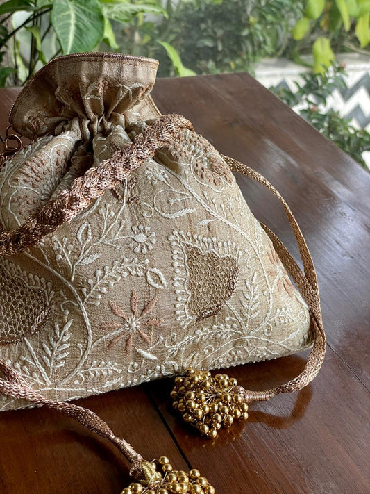 Natural Beige Raw Silk Chikankari Polti Bags