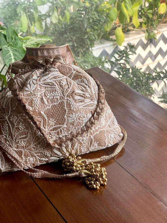 Natural Beige Raw Silk Chikankari Polti Bag